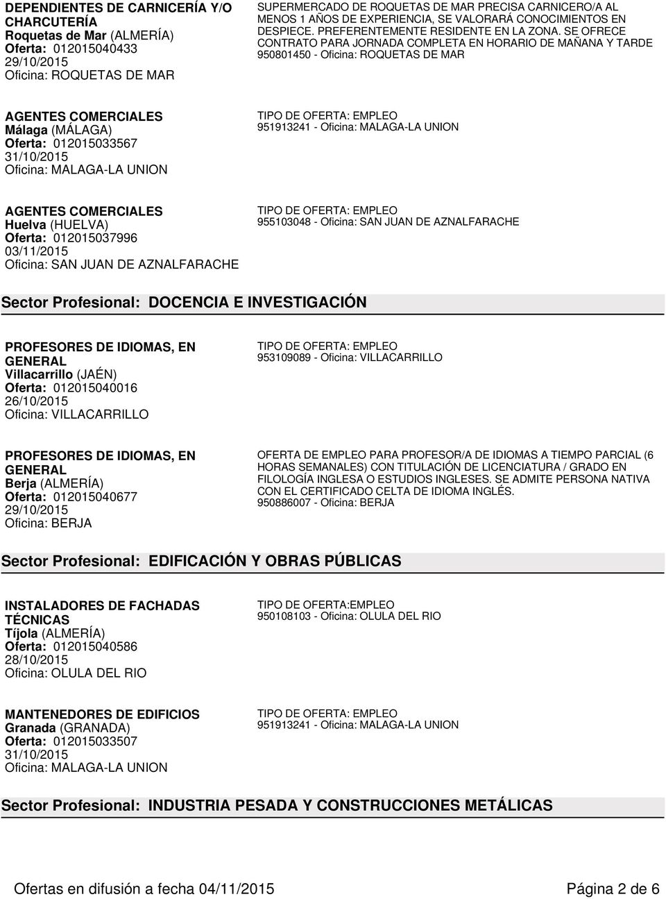 SE OFRECE CONTRATO PARA JORNADA COMPLETA EN HORARIO DE MAÑANA Y TARDE 950801450 - Oficina: ROQUETAS DE MAR Oferta: 012015033567 31/10/2015 951913241 - Huelva (HUELVA) Oferta: 012015037996 Oficina:
