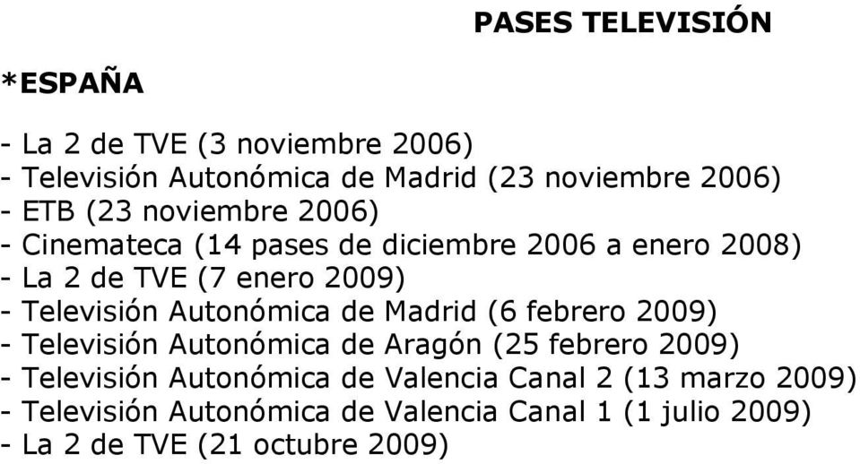 Autonómica de Madrid (6 febrero 2009) - Televisión Autonómica de Aragón (25 febrero 2009) - Televisión Autonómica de