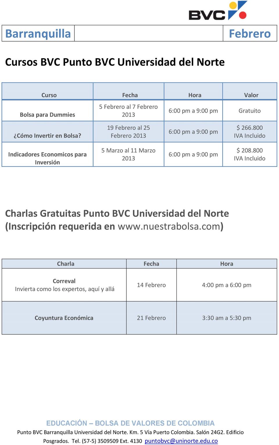 800 Charlas Gratuitas Punto BVC Universidad del Norte (Inscripción requerida en www.nuestrabolsa.