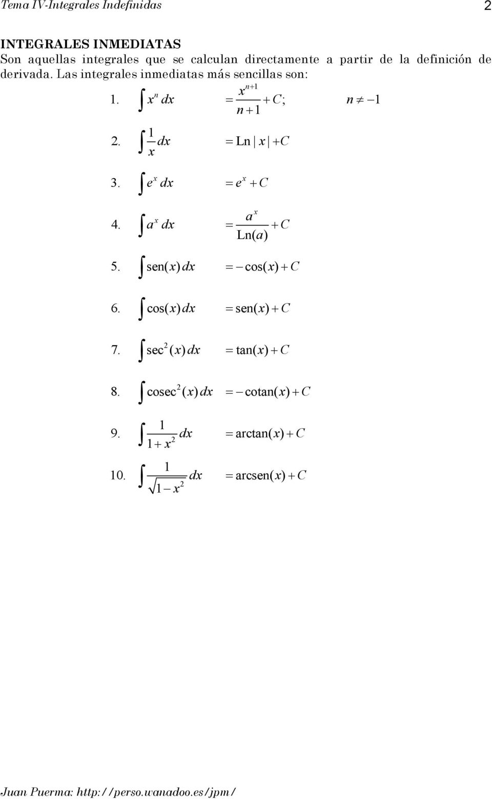 d = ; +. d = L. 4. e d e a d = + a = L( a) 5. se( d ) = cos( ) 6. cos( d ) = se( ) d = + 7.
