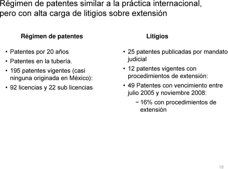 195 patentes vigentes (casi ninguna originada en México): 92 licencias y 22 sub licencias Litigios 25 patentes