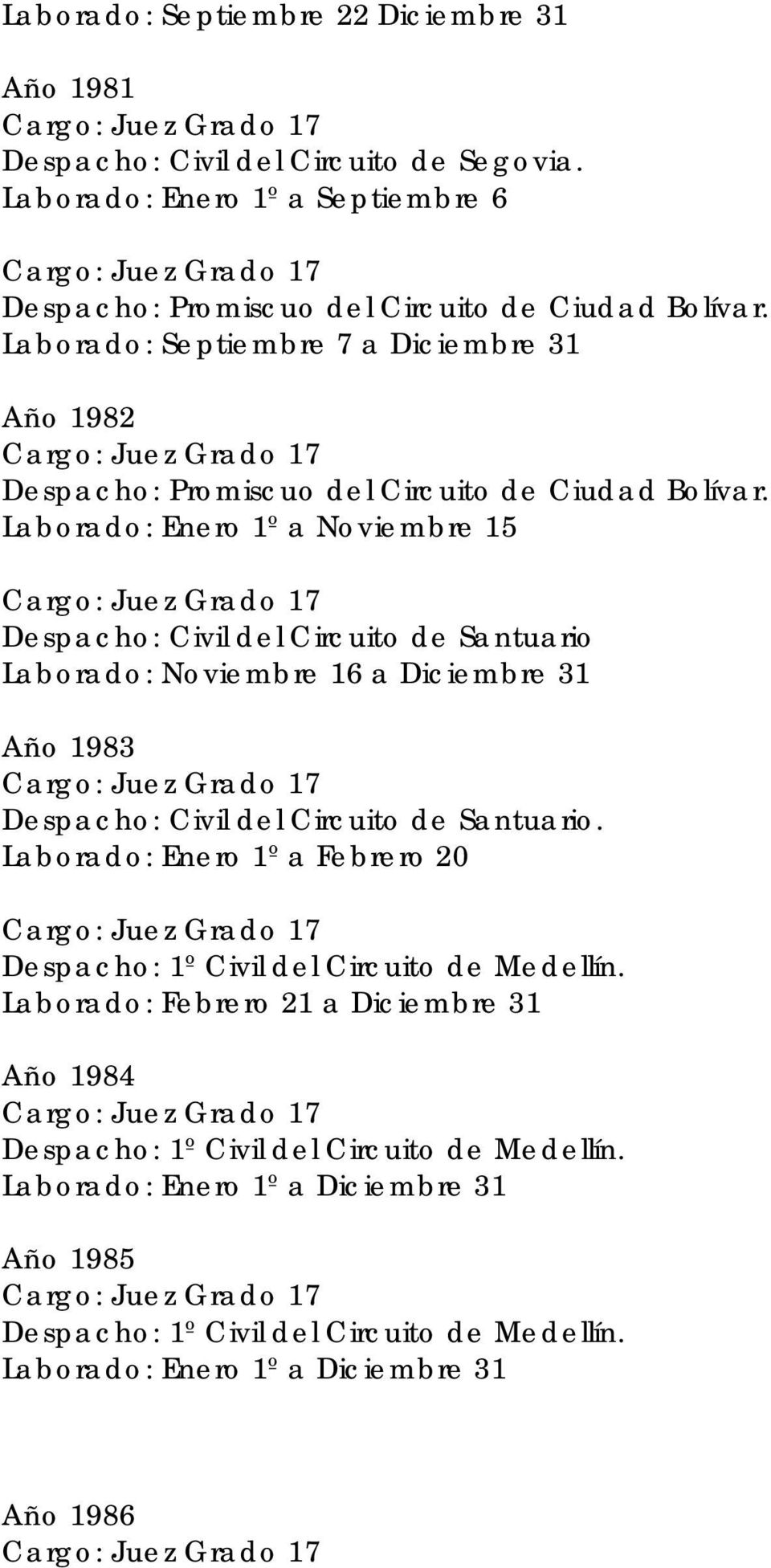 Laborado: Septiembre 7 a Diciembre 31 Año 1982 Despacho: Promiscuo del Circuito de Ciudad Bolívar.
