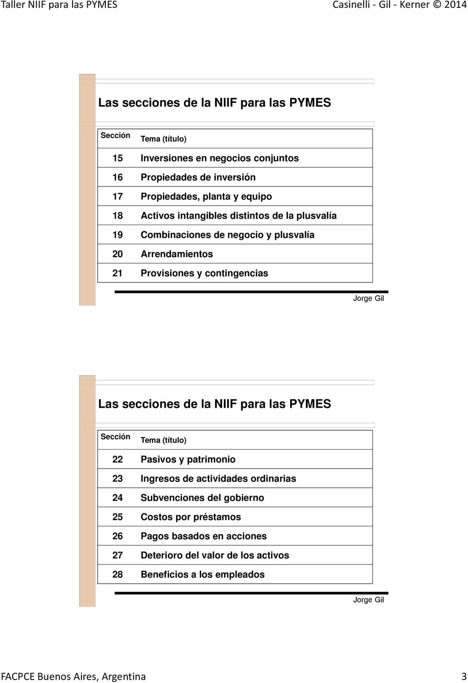 secciones de la NIIF para las PYMES Sección Tema (título) 22 Pasivos y patrimonio 23 Ingresos de actividades ordinarias 24 Subvenciones del gobierno