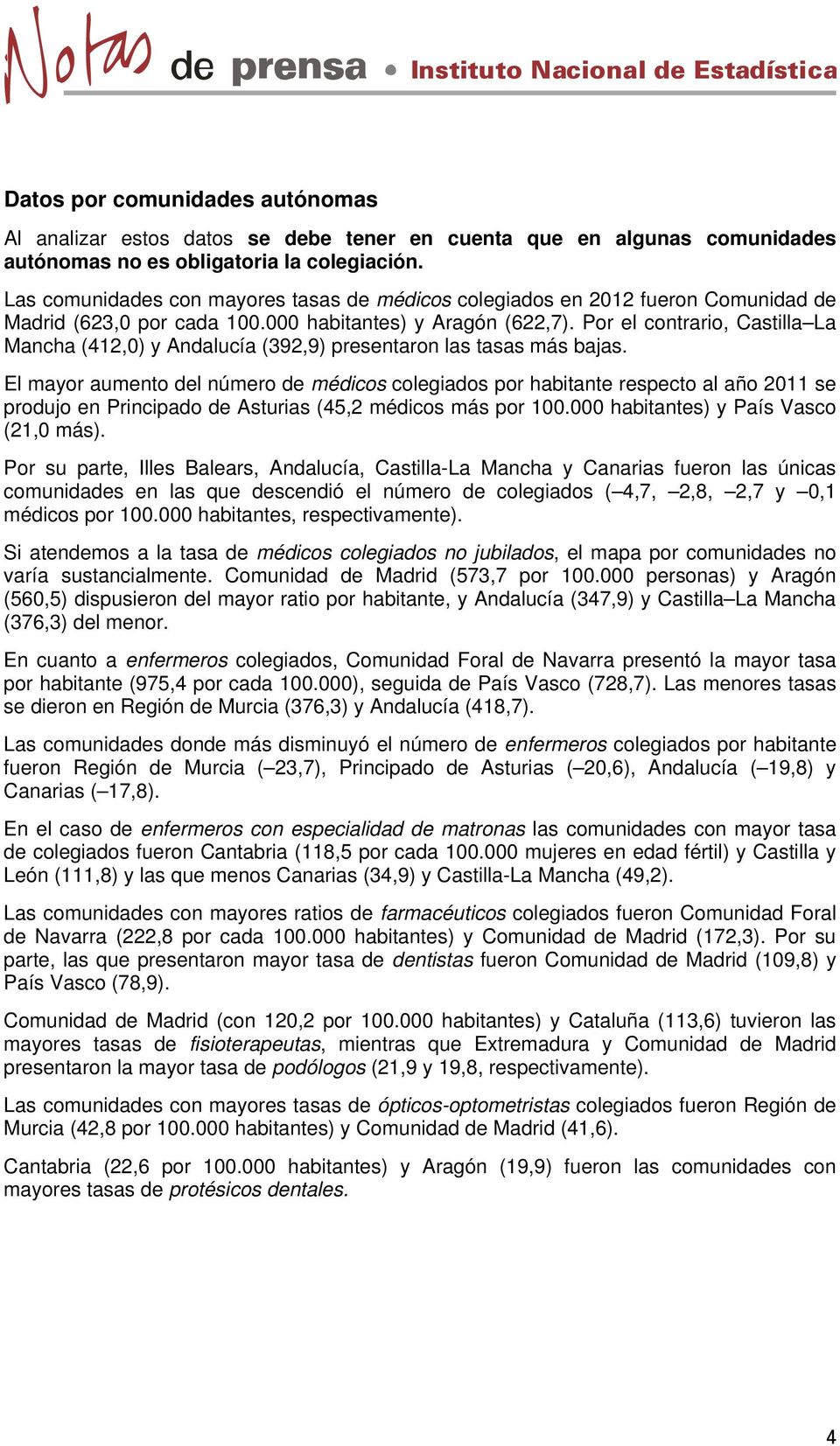 Por el contrario, Castilla La Mancha (412,0) y Andalucía (392,9) presentaron las tasas más bajas.