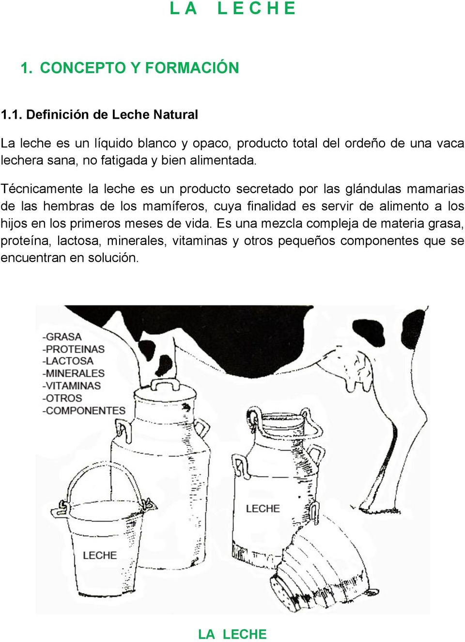 1. Definición de Leche Natural La leche es un líquido blanco y opaco, producto total del ordeño de una vaca lechera sana, no