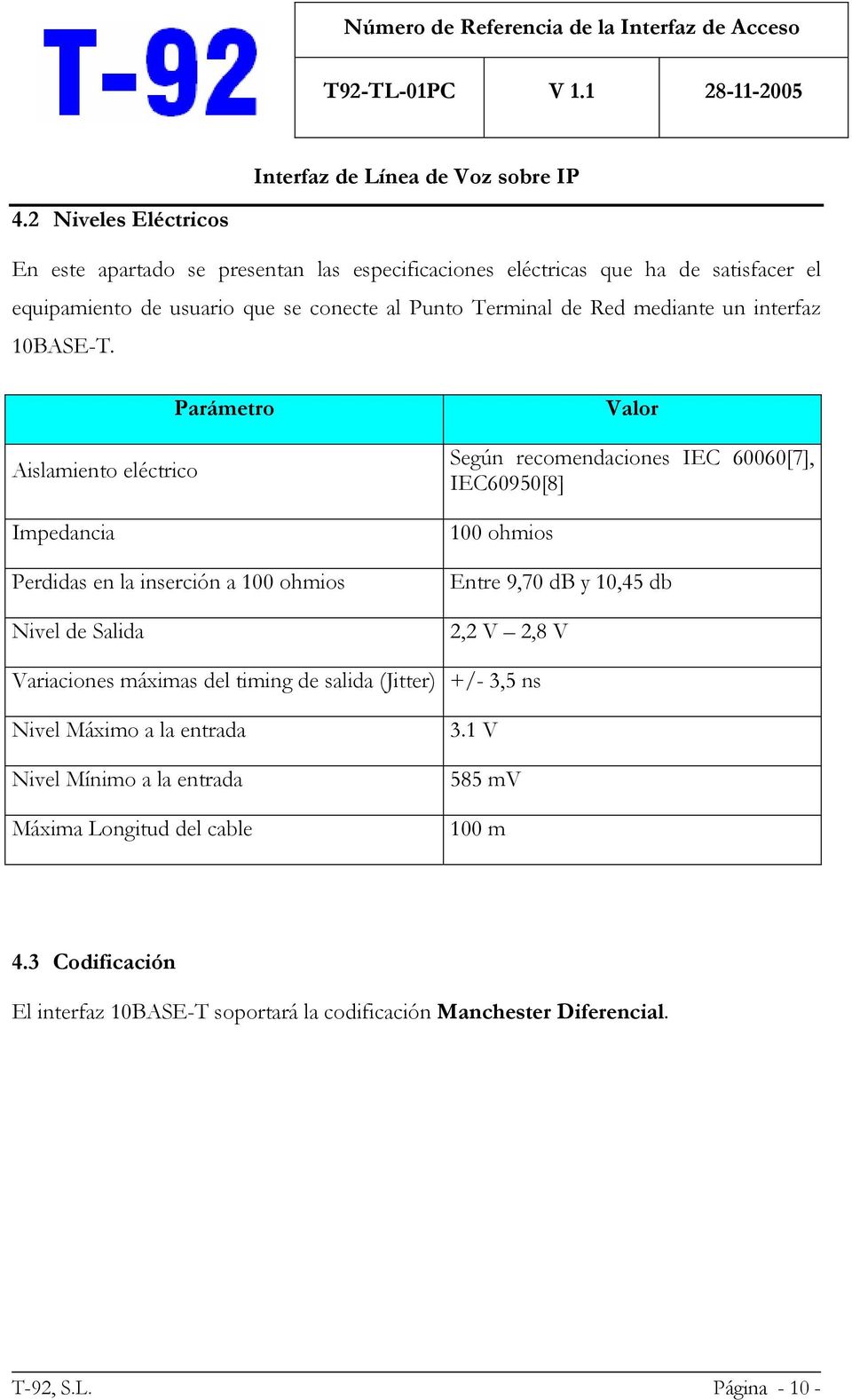 Parámetro Aislamiento eléctrico Impedancia Perdidas en la inserción a 100 ohmios Nivel de Salida Valor Según recomendaciones IEC 60060[7], IEC60950[8] 100 ohmios Entre