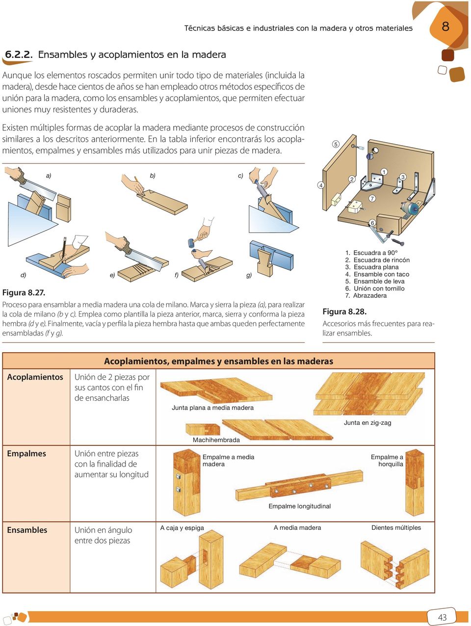 específicos de unión para la madera, como los ensambles y acoplamientos, que permiten efectuar uniones muy resistentes y duraderas.
