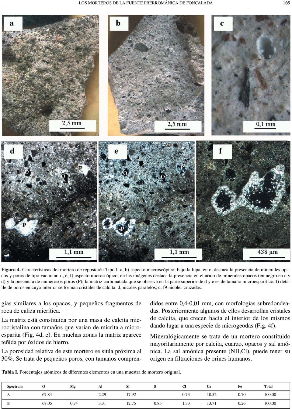 d, e, f) aspecto microscópico; en las imágenes destaca la presencia en el árido de minerales opacos (en negro en c y d) y la presencia de numerosos poros (P); la matriz carbonatada que se observa en