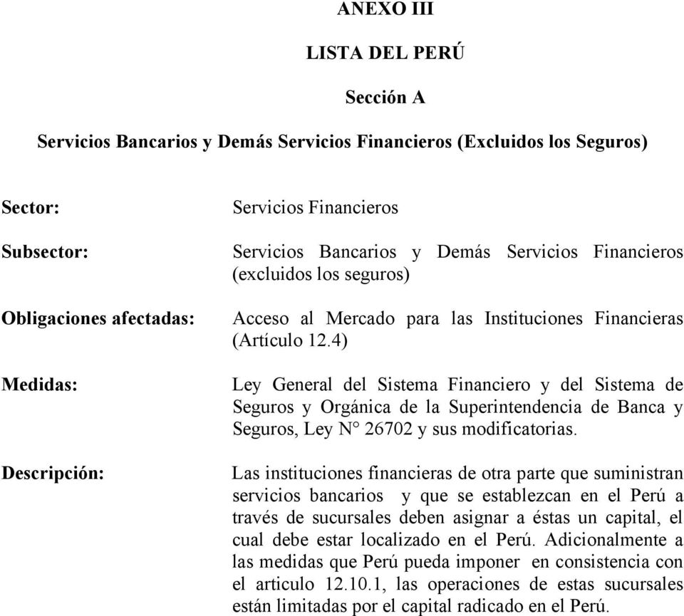 Las instituciones financieras de otra parte que suministran servicios bancarios y que se establezcan en el Perú a través de sucursales deben asignar a éstas un capital, el cual debe estar