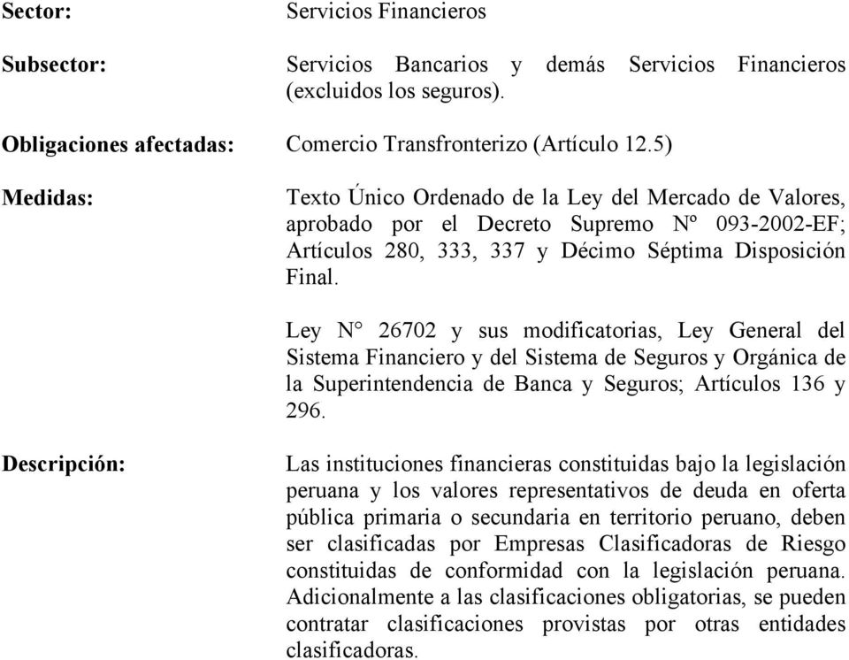 Ley N 26702 y sus modificatorias, Ley General del Sistema Financiero y del Sistema de Seguros y Orgánica de la Superintendencia de Banca y Seguros; Artículos 136 y 296.