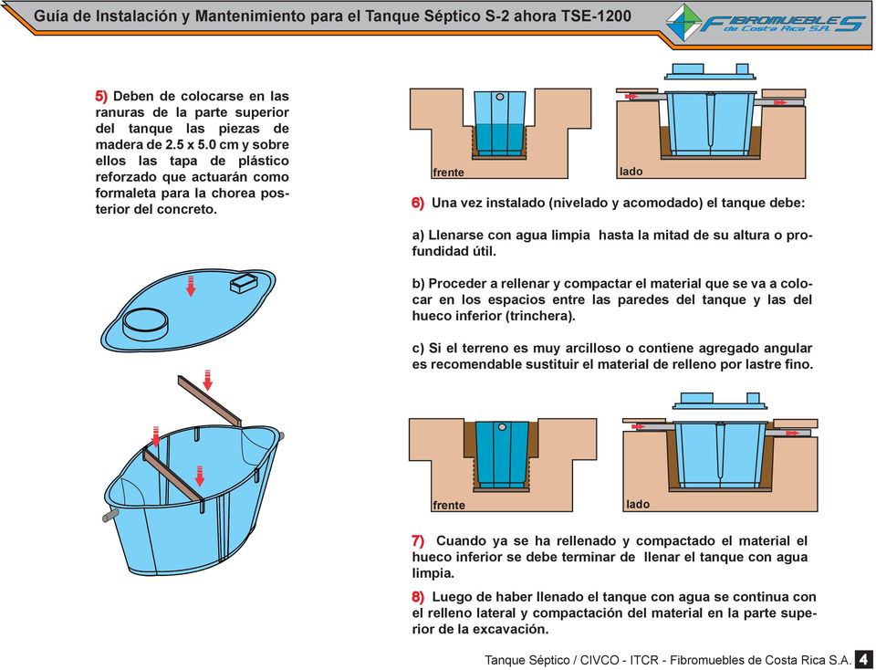 frente 6) Una vez insta (nive y acomodado) el tanque debe: a) Llenarse con agua limpia hasta la mitad de su altura o profundidad útil.