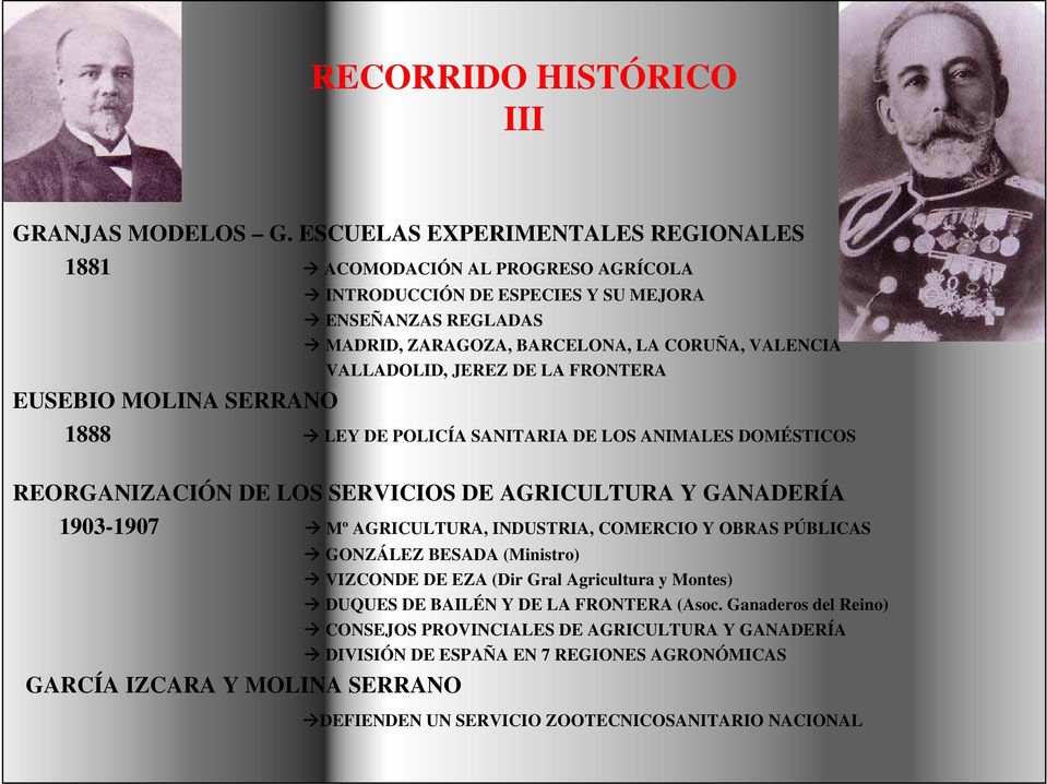 JEREZ DE LA FRONTERA EUSEBIO MOLINA SERRANO 1888 LEY DE POLICÍA SANITARIA DE LOS ANIMALES DOMÉSTICOS REORGANIZACIÓN DE LOS SERVICIOS DE AGRICULTURA Y GANADERÍA 1903-1907 Mº AGRICULTURA,