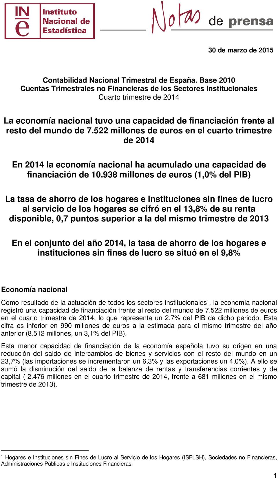 522 millones de euros en el cuarto trimestre de 2014 En 2014 la economía nacional ha acumulado una capacidad de financiación de 10.