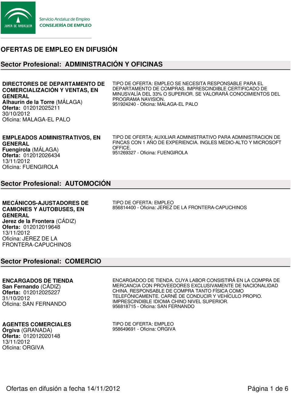 951924240 - Oficina: MALAGA-EL PALO EMPLEADOS ADMINISTRATIVOS, EN Fuengirola (MÁLAGA) Oferta: 012012026434 Oficina: FUENGIROLA TIPO DE OFERTA: AUXILIAR ADMINISTRATIVO PARA ADMINISTRACION DE FINCAS