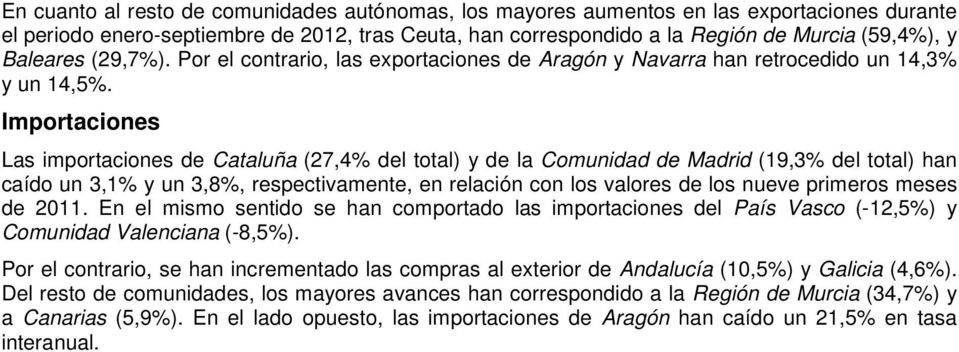Importaciones Las importaciones de Cataluña (27,4% del total) y de la Comunidad de Madrid (19,3% del total) han caído un 3,1% y un 3,8%, respectivamente, en relación con los valores de los nueve