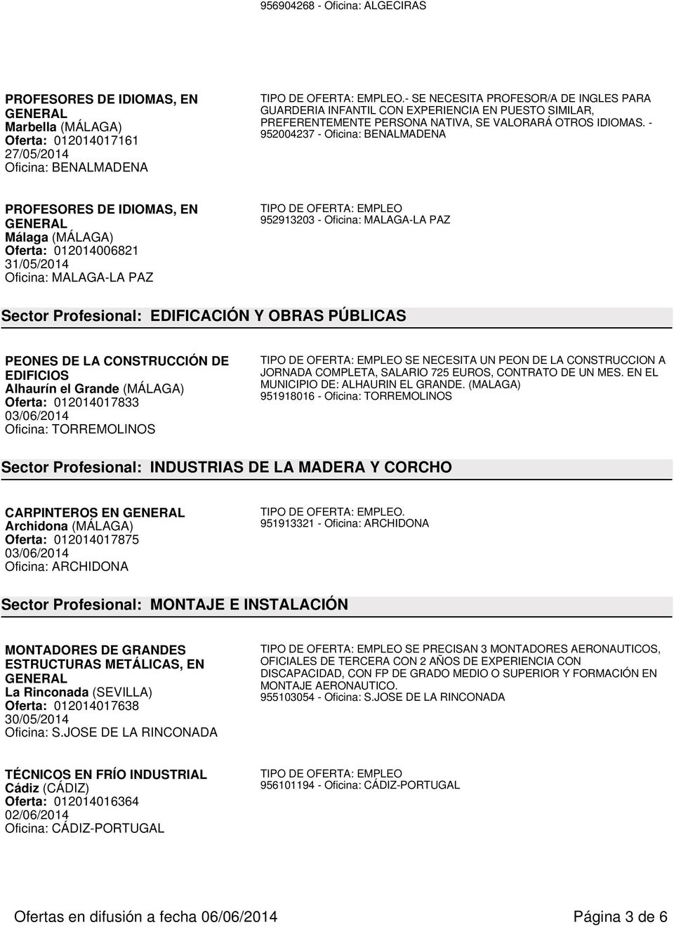 - 952004237 - PROFESORES DE IDIOMAS, EN Málaga (MÁLAGA) Oferta: 012014006821 31/05/2014 Oficina: MALAGA-LA PAZ 952913203 - Oficina: MALAGA-LA PAZ Sector Profesional: EDIFICACIÓN Y OBRAS PÚBLICAS