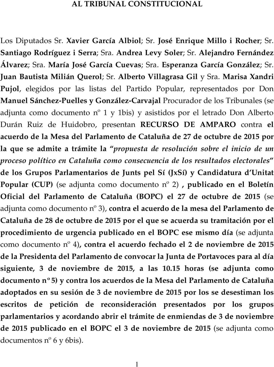 Marisa Xandri Pujol, elegidos por las listas del Partido Popular, representados por Don Manuel Sánchez-Puelles y González-Carvajal Procurador de los Tribunales (se adjunta como documento nº 1 y 1bis)