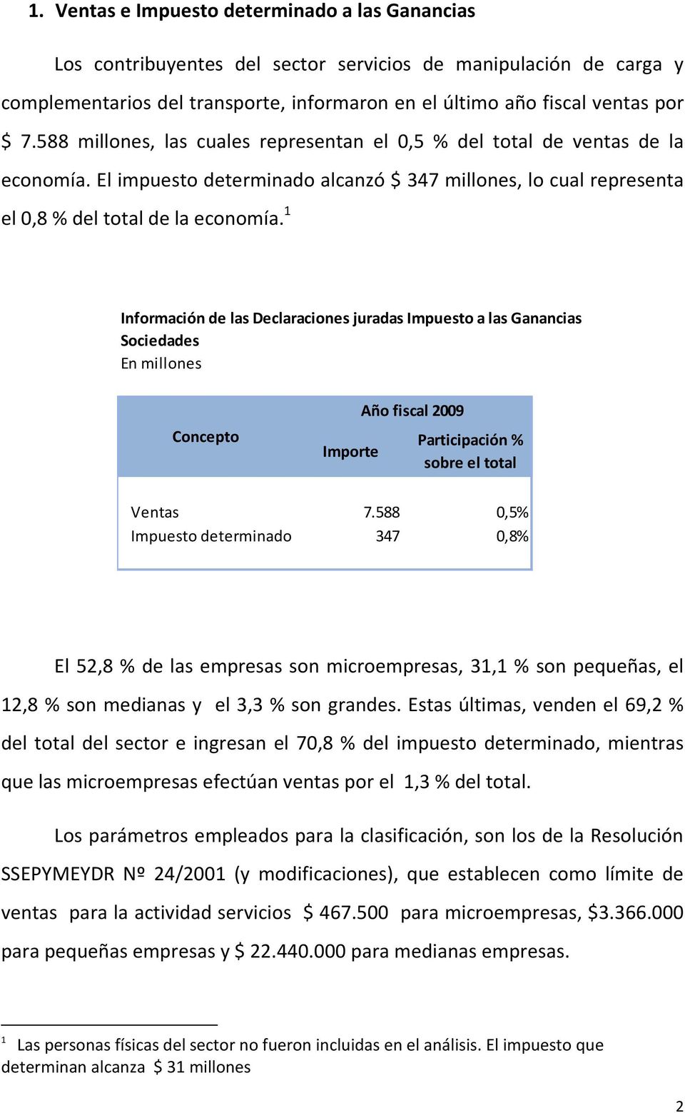 1 Información de las Declaraciones juradas Impuesto a las Ganancias Sociedades Concepto Importe Año fiscal 2009 Participación % sobre el total Ventas 7.