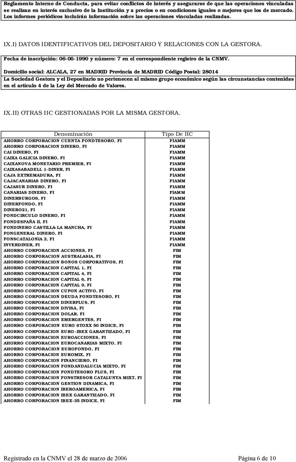 I) DATOS IDENTIFICATIVOS DEL DEPOSITARIO Y RELACIONES CON LA GESTORA. Fecha de inscripción: 06-06-1990 y número: 7 en el correspondiente registro de la CNMV.