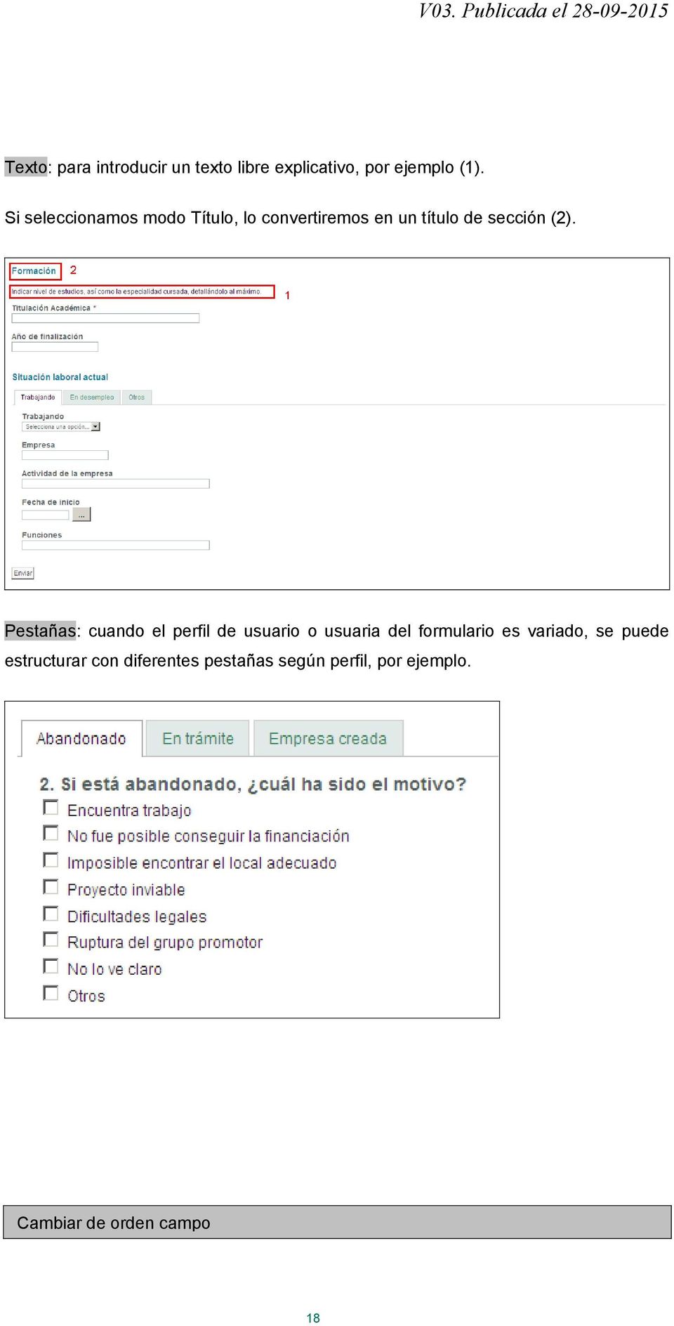 Pestañas: cuando el perfil de usuario o usuaria del formulario es variado, se