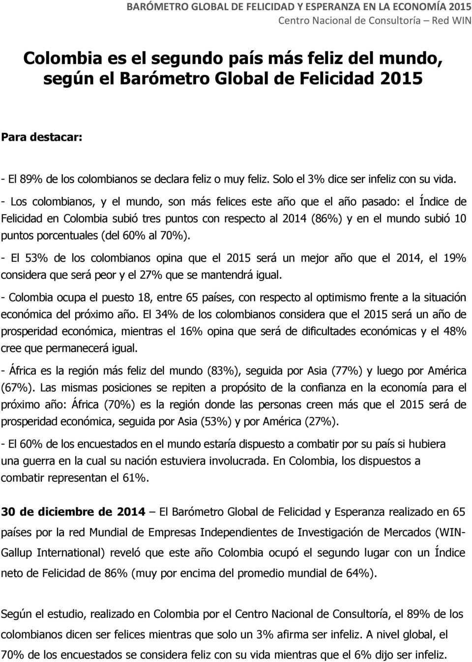 - Los colombianos, y el mundo, son más felices este año que el año pasado: el Índice de Felicidad en Colombia subió tres puntos con respecto al 2014 (86%) y en el mundo subió 10 puntos porcentuales
