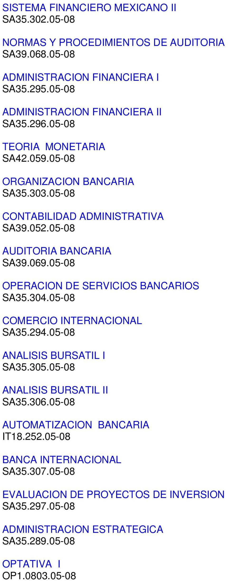 05-08 AUDITORIA BANCARIA SA39.069.05-08 OPERACION DE SERVICIOS BANCARIOS SA35.304.05-08 COMERCIO INTERNACIONAL SA35.294.05-08 ANALISIS BURSATIL I SA35.305.