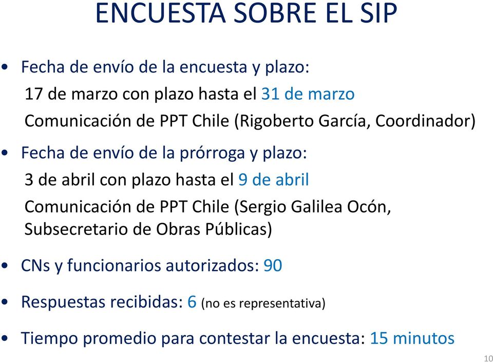 plazo hasta el 9 de abril Comunicación de PPT Chile (Sergio Galilea Ocón, Subsecretario de Obras Públicas) CNs y