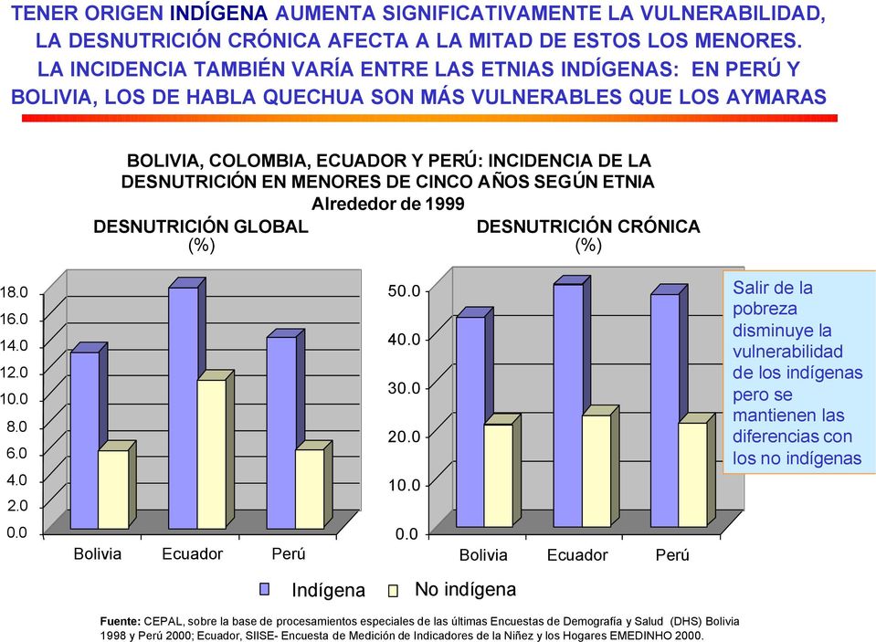 MENORES DE CINCO AÑOS SEGÚN ETNIA Alrededor de 1999 DESNUTRICIÓN GLOBAL (%) DESNUTRICIÓN CRÓNICA (%) 18.0 16.0 14.0 12.0 10.