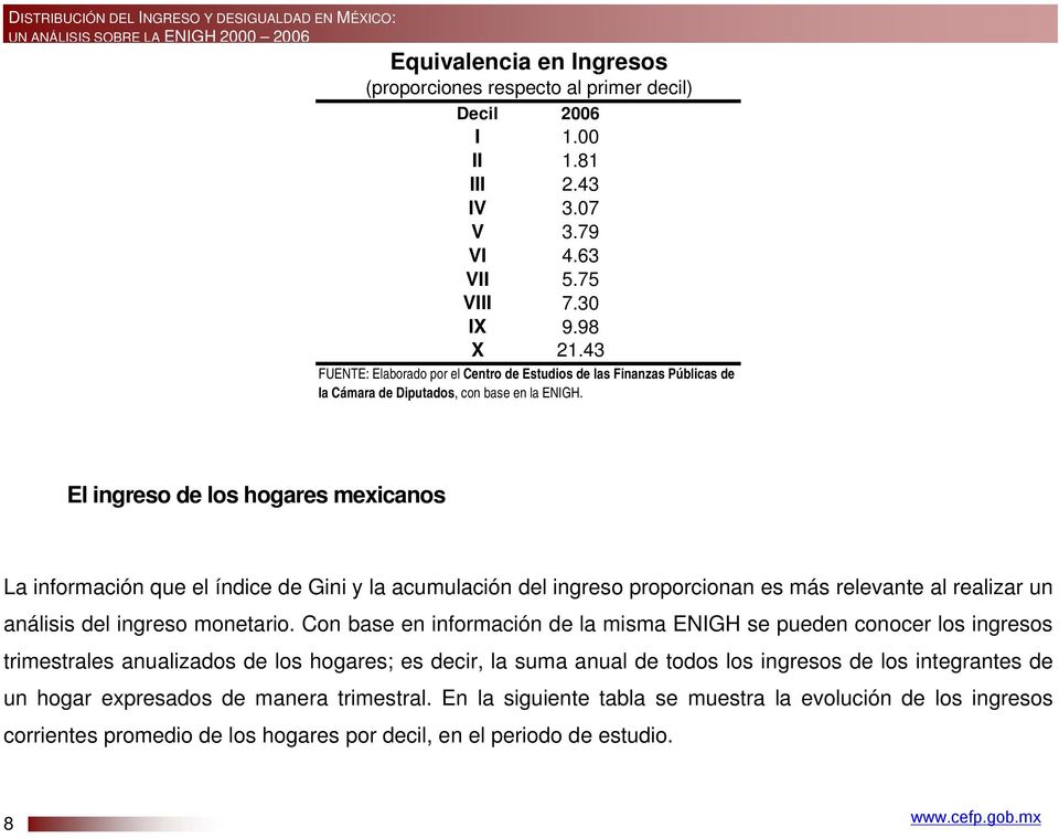 El ingreso de los hogares mexicanos La información que el índice de Gini y la acumulación del ingreso proporcionan es más relevante al realizar un análisis del ingreso monetario.