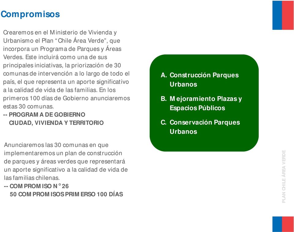 familias. En los primeros 100 días de Gobierno anunciaremos estas 30 comunas. -- PROGRAMA DE GOBIERNO CIUDAD, VIVIENDA Y TERRITORIO A. Construcción Parques Urbanos B.