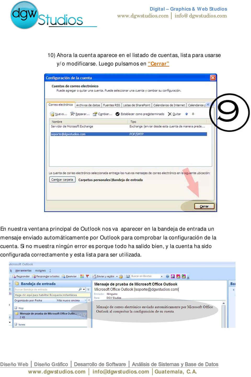 un mensaje enviado automáticamente por Outlook para comprobar la configuración de la cuenta.