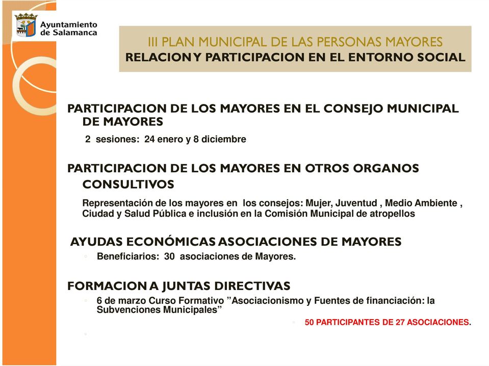 Salud Pública e inclusión en la Comisión Municipal de atropellos AYUDAS ECONÓMICAS ASOCIACIONES DE MAYORES Beneficiarios: 30 asociaciones de Mayores.