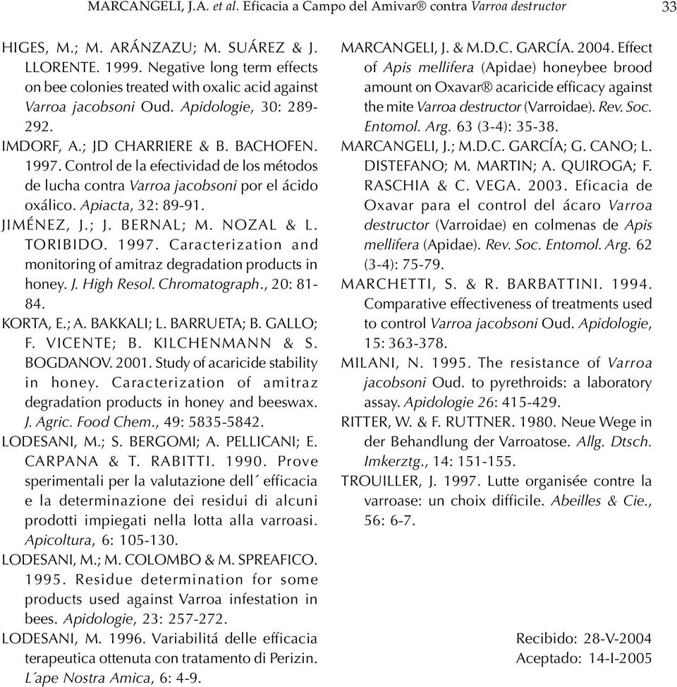 Control de la efectividad de los métodos de lucha contra Varroa jacobsoni por el ácido oxálico. Apiacta, 32: 89-91. JIMÉNEZ, J.; J. BERNAL; M. NOZAL & L. TORIBIDO. 1997.