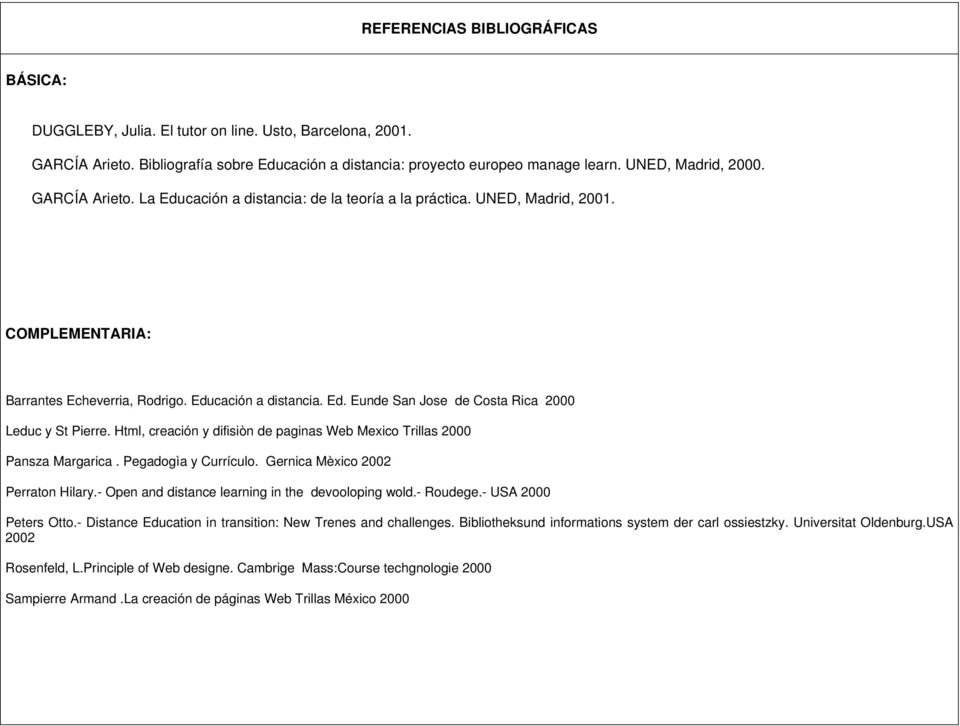 Html, creación y difisiòn de paginas Web Mexico Trillas 2000 Pansza Margarica. Pegadogìa y Currículo. Gernica Mèxico 2002 Perraton Hilary.- Open and distance learning in the devooloping wold.