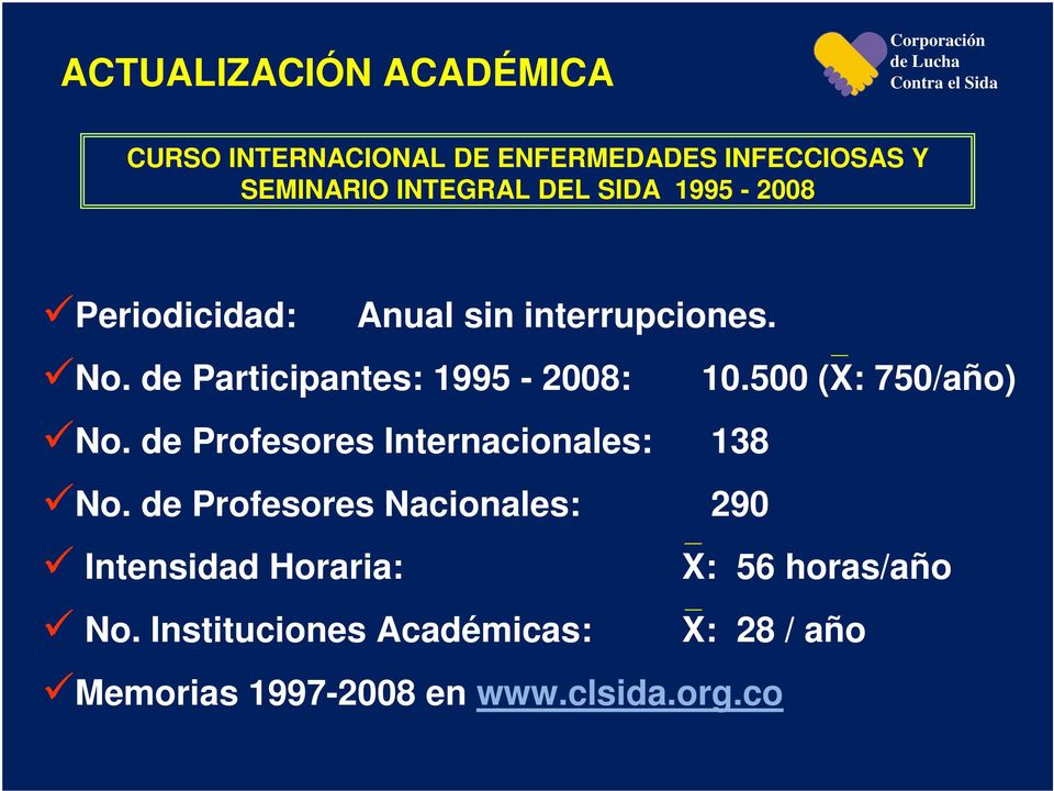 de Participantes: 1995-2008: 10.500 (X: 750/año) No. de Profesores Internacionales: 138 No.