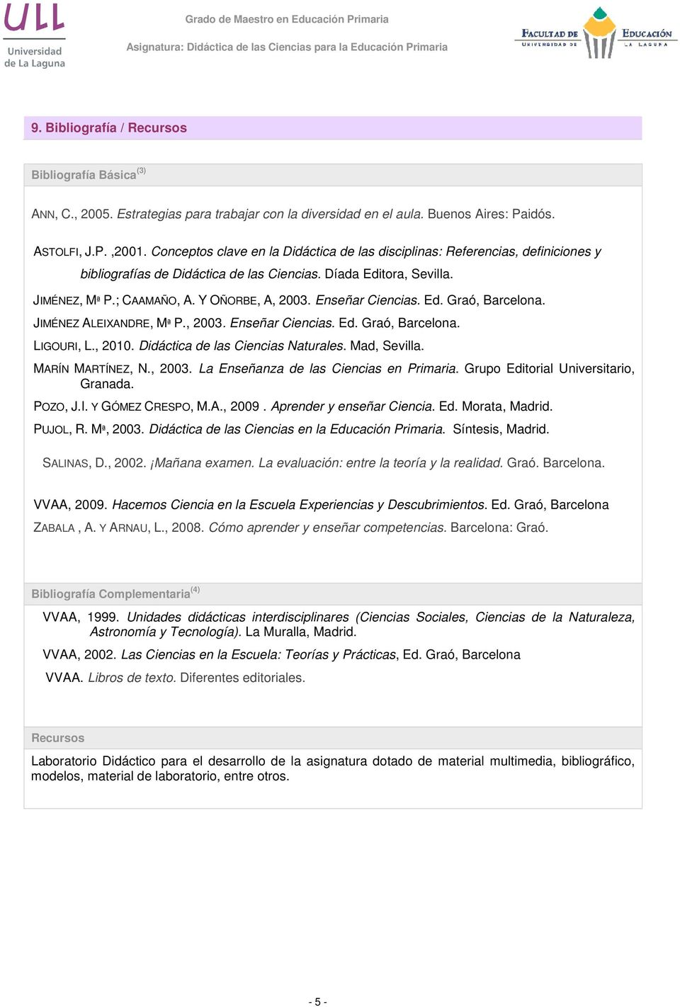 Enseñar Ciencias. Ed. Graó, Barcelona. JIMÉNEZ ALEIXANDRE, Mª P., 2003. Enseñar Ciencias. Ed. Graó, Barcelona. LIGOURI, L., 2010. Didáctica de las Ciencias Naturales. Mad, Sevilla. MARÍN MARTÍNEZ, N.