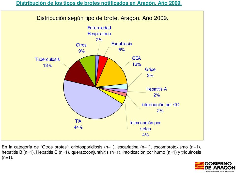 Tuberculosis 13% Otros 9% Enfermedad Respiratoria 2% Escabiosis 5% GEA 16% Gripe 3% Hepatitis A 2% Intoxicación por CO 2%
