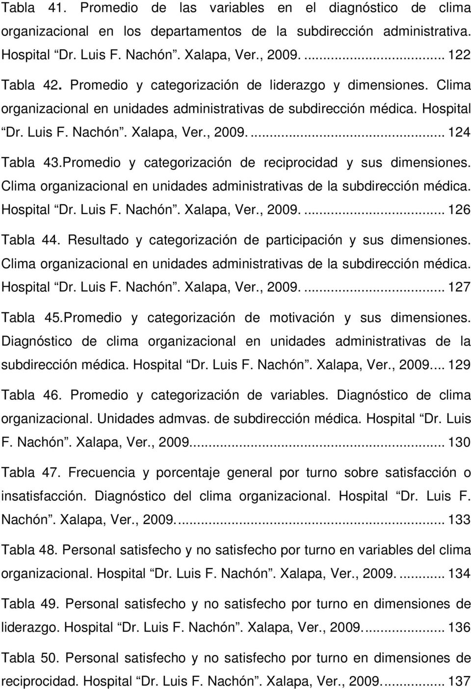 Promedio y categorización de reciprocidad y sus dimensiones. Clima organizacional en unidades administrativas de la subdirección médica. Hospital Dr. Luis F. Nachón. Xalapa, Ver., 2009.... 126 Tabla 44.