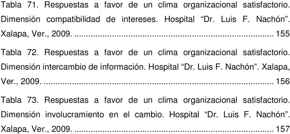 Dimensión intercambio de información. Hospital Dr. Luis F. Nachón. Xalapa, Ver., 2009.... 156 Tabla 73.