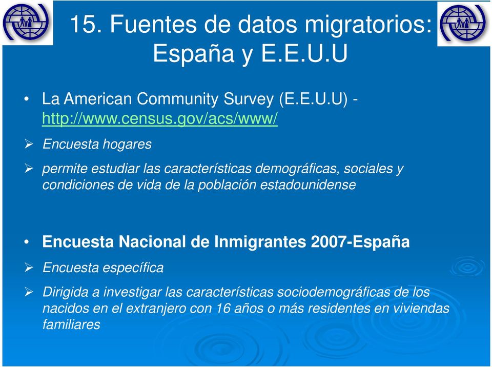 la población estadounidense Encuesta Nacional de Inmigrantes 2007-España Encuesta específica Dirigida a investigar