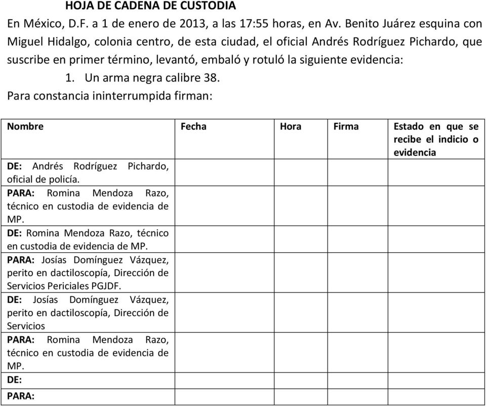Un arma negra calibre 38. Para constancia ininterrumpida firman: Nombre Fecha Hora Firma Estado en que se recibe el indicio o evidencia DE: Andrés Rodríguez Pichardo, oficial de policía.