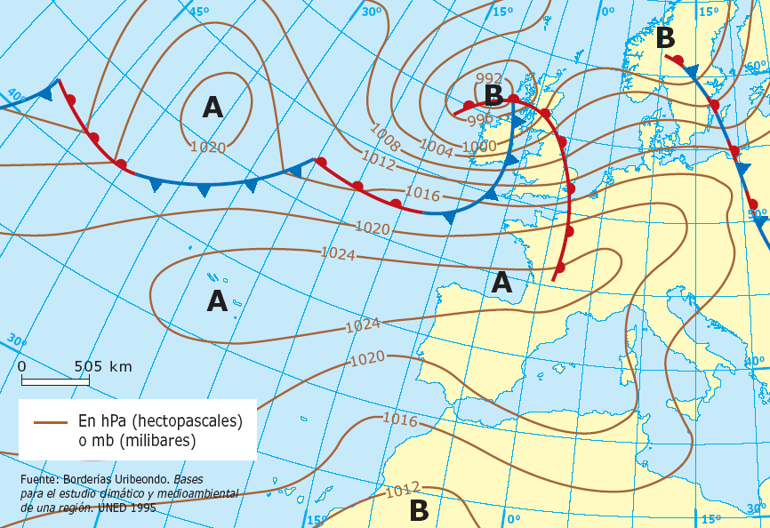 8. Situación anticiclónica Tiempo típicamente veraniego El anticiclón de las Azores se extiende hacia Europa. Impide que las precipitaciones del frente polar alcancen la Península.