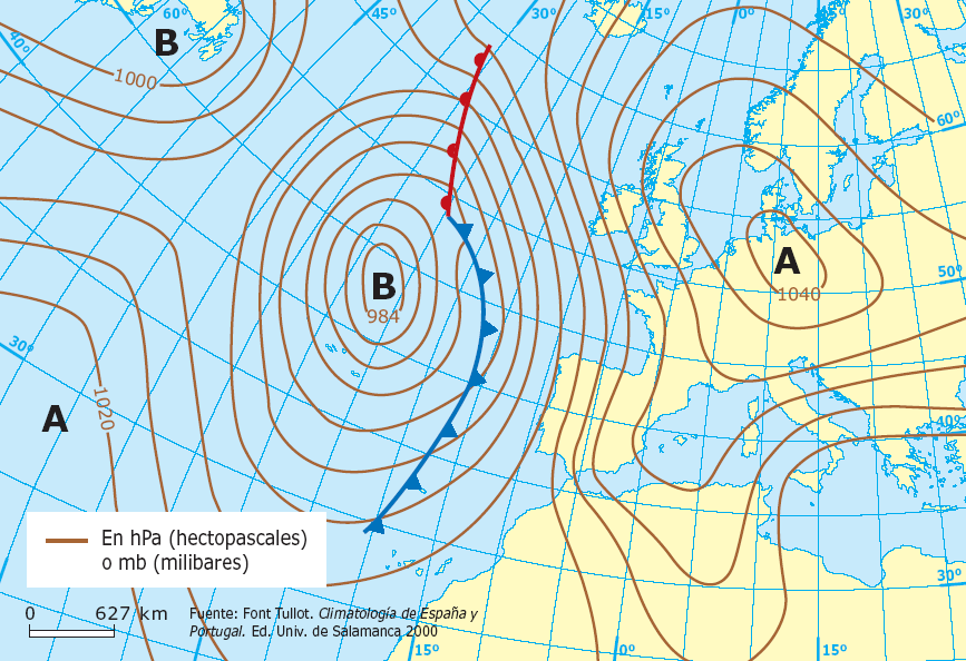 2. Situación anticiclónica con advección del noreste. Ola de frío Invierno y meses adyacentes Potente anticiclón en Gran Bretaña y depresión en Italia.