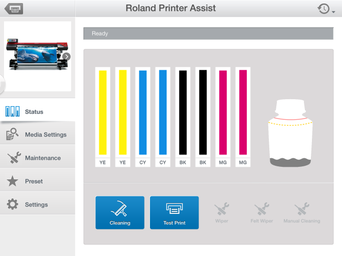 4 Genialidad en Simplicidad Control para Tableta de Asistente de Impresora Roland Facilita al usuario el acceso y operación de muchas funciones claves de la impresora vía ipad.