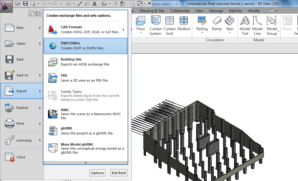 a) Una vez el modelo 3D de Revit ha sido completado este se exporta mediante la creación de un archivo en formato DWF/DWFx.
