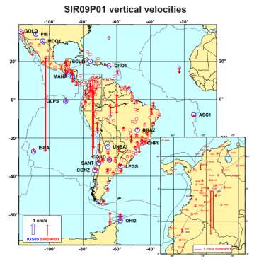Velocidades Modelo de velocidades para América del Sur y El Caribe (VEMOS2009) referido al ITRF2005