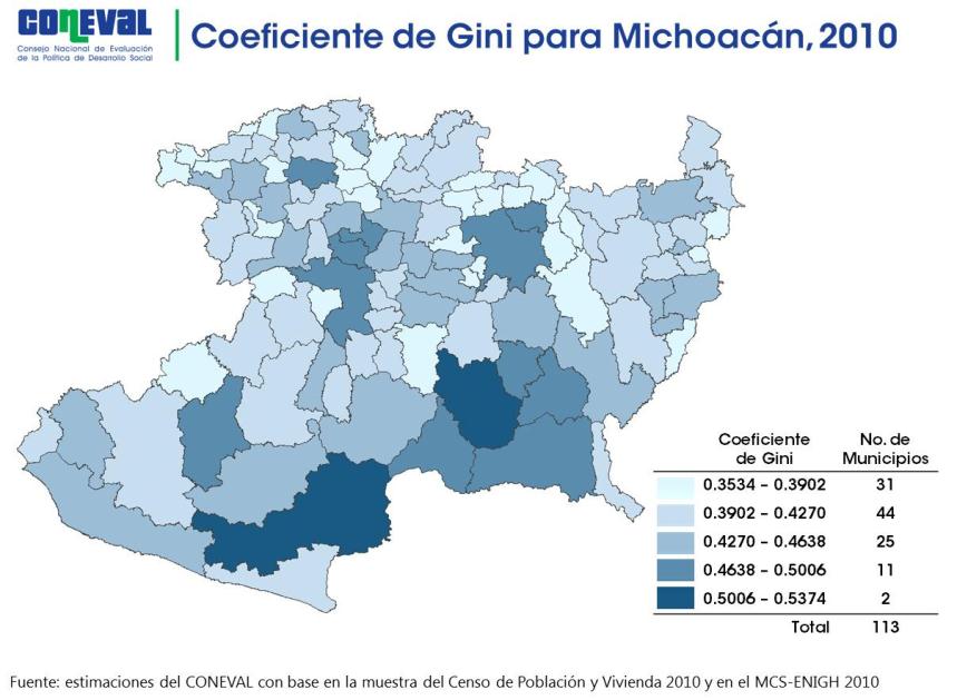 De 2008 a 2010 el Coeficiente de Gini para el estado de Michoacán se redujo de 0.484 en 2008 a 0.487, dos años después.