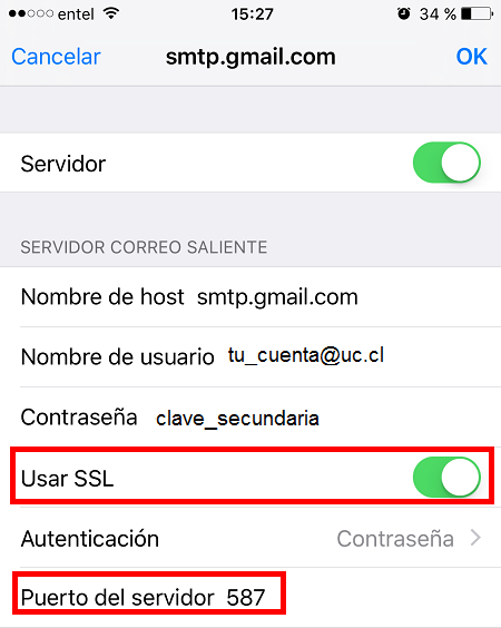 Paso 9: Acceda nuevamente a la configuración de su cuenta, seleccionado su cuenta gmail UC. Paso 10: En Servidor Correo Saliente seleccione SMTP para editar la configuración.