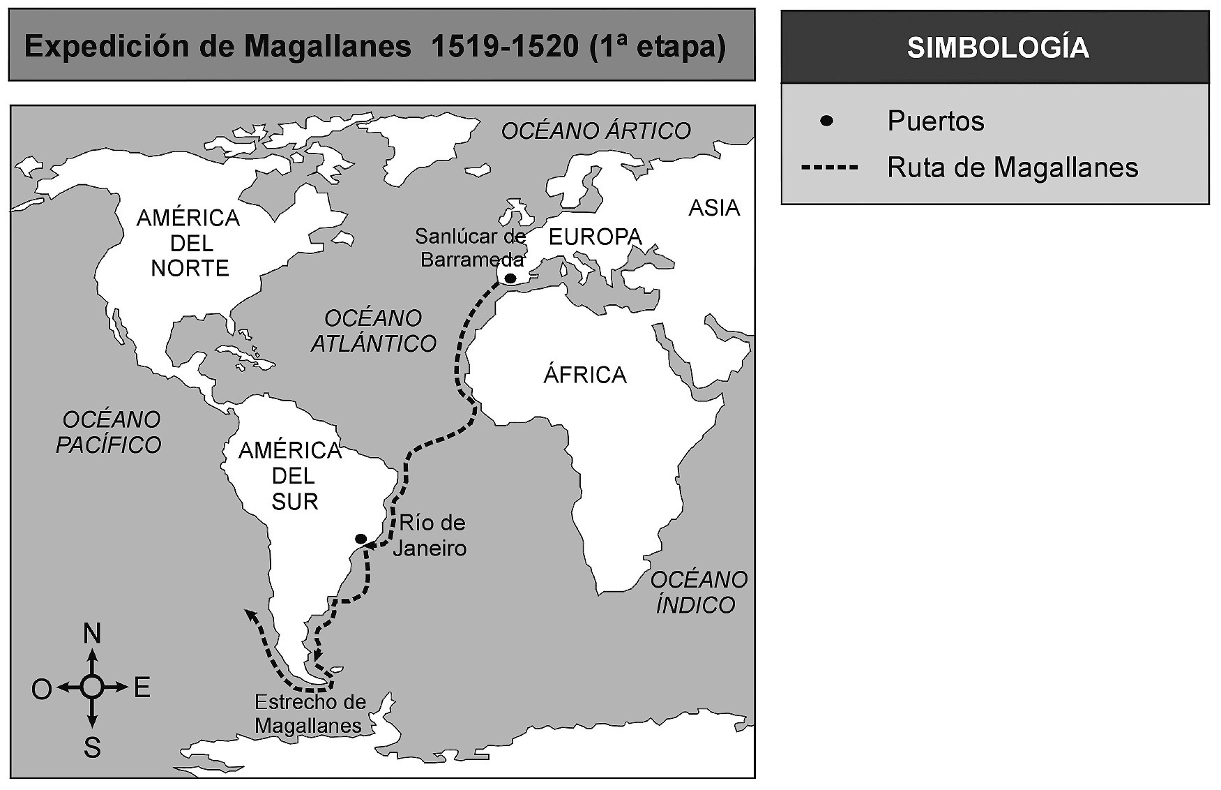 2. Observa el siguiente mapa: A partir de la ruta señalada en el mapa, completa el siguiente texto, usando puntos cardinales: En 1519, Hernando de Magallanes