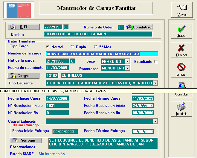 Caso 6: Carga familiar reconocida en SIAGF y SIRH con diferentes parentesco.